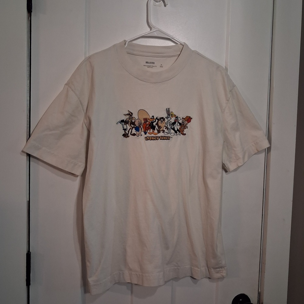 Hollister Looney Tunes T-Shirt Mens M Cream Boxy Heavyweight Graphic Streetwear